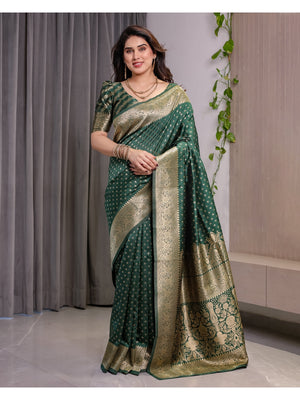 Green Soft Lichi Silk Saree with Zari Woven Border - Image 2