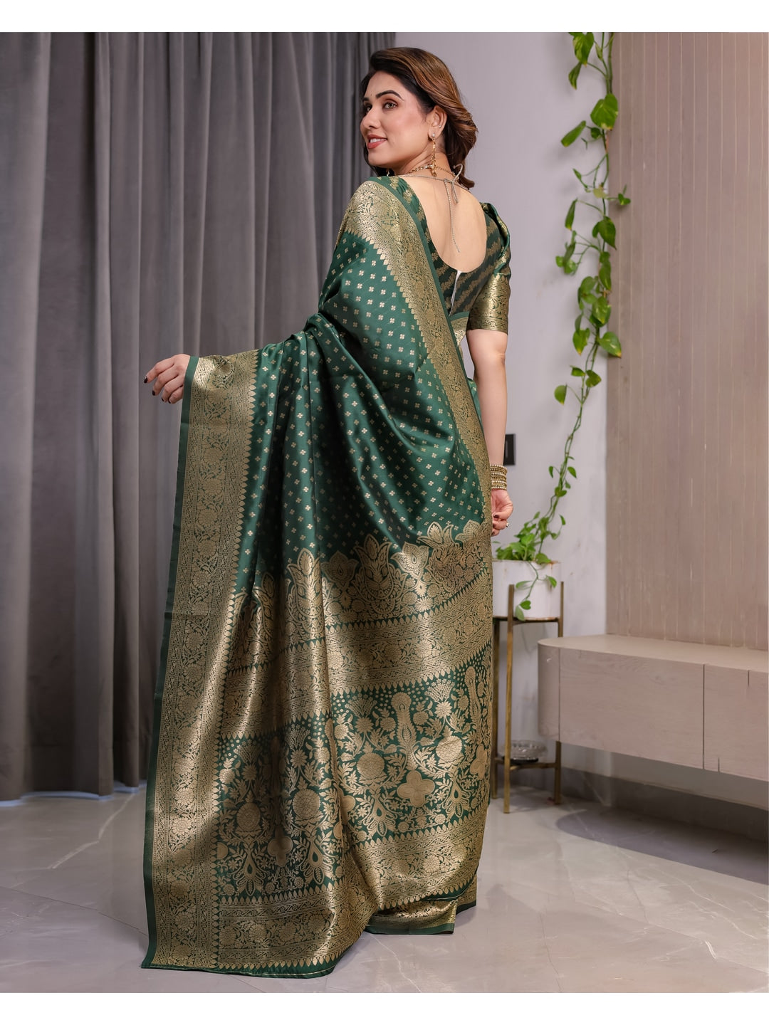 Green Soft Lichi Silk Saree with Zari Woven Border - Image 3