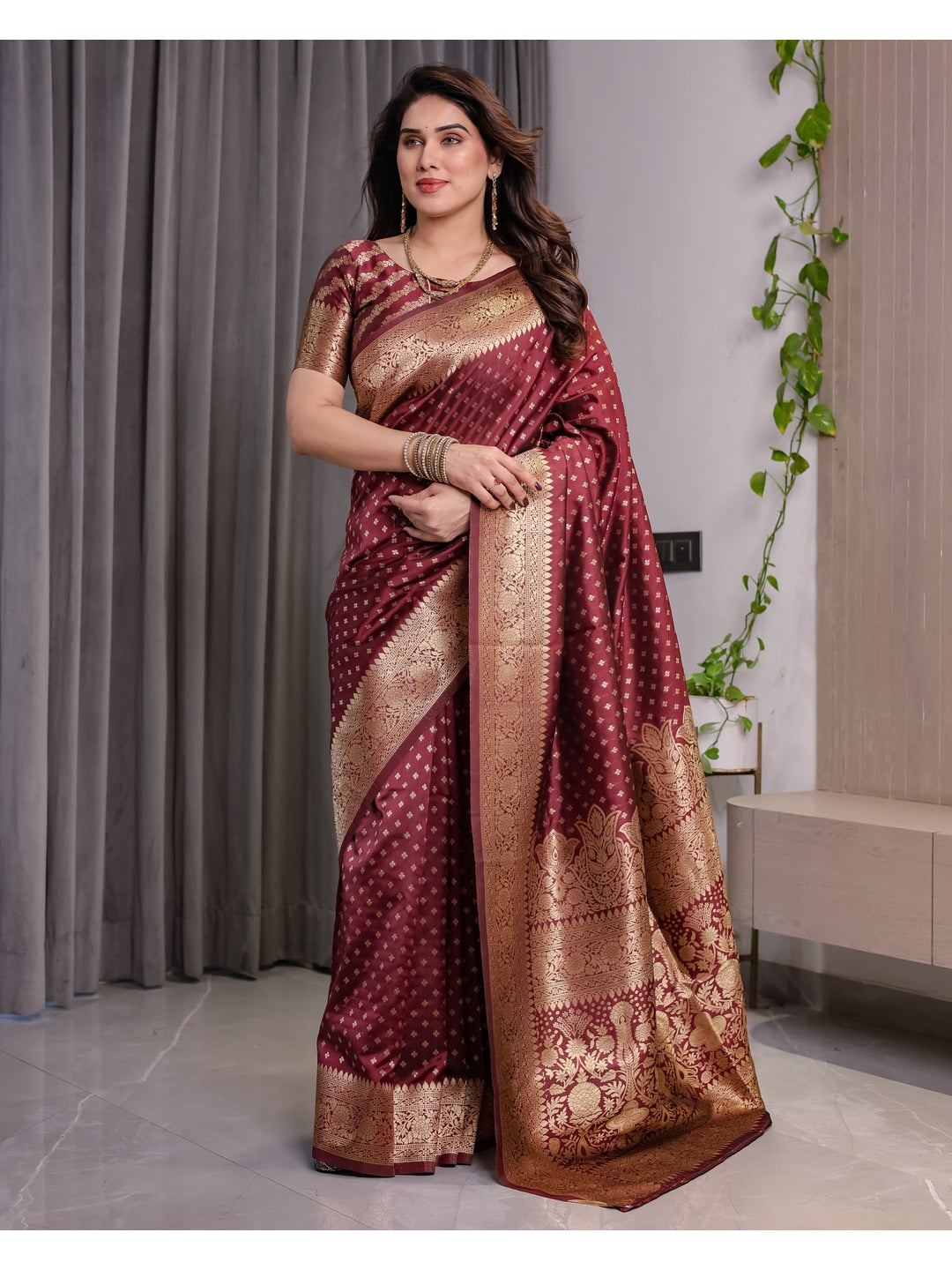Maroon Soft Lichi Silk Saree with Zari Woven Border - Image 2