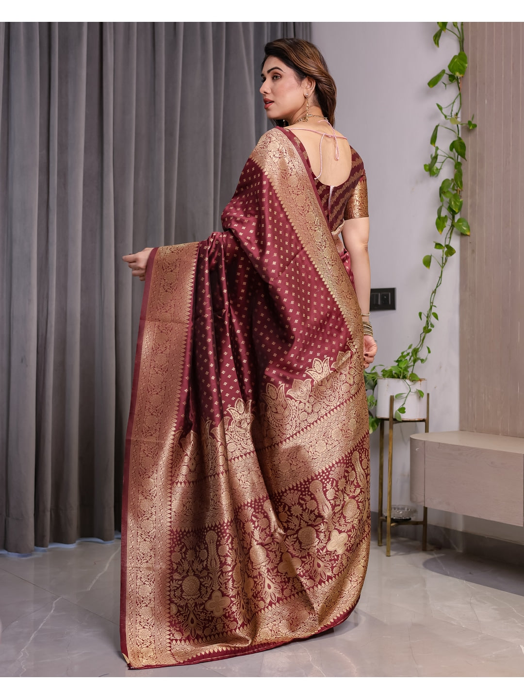 Maroon Soft Lichi Silk Saree with Zari Woven Border - Image 3