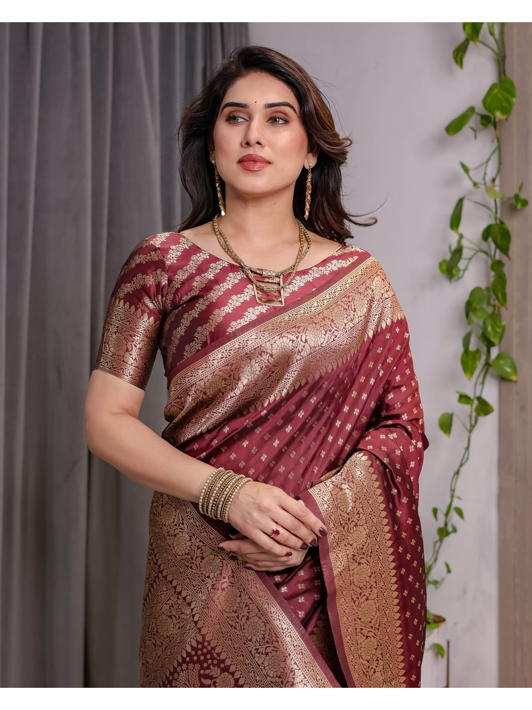 Maroon Soft Lichi Silk Saree with Zari Woven Border - Image 4