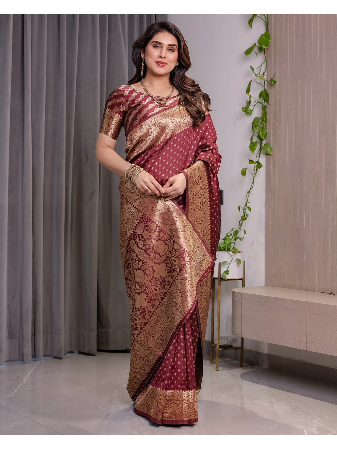 Maroon Soft Lichi Silk Saree with Zari Woven Border - Image 5