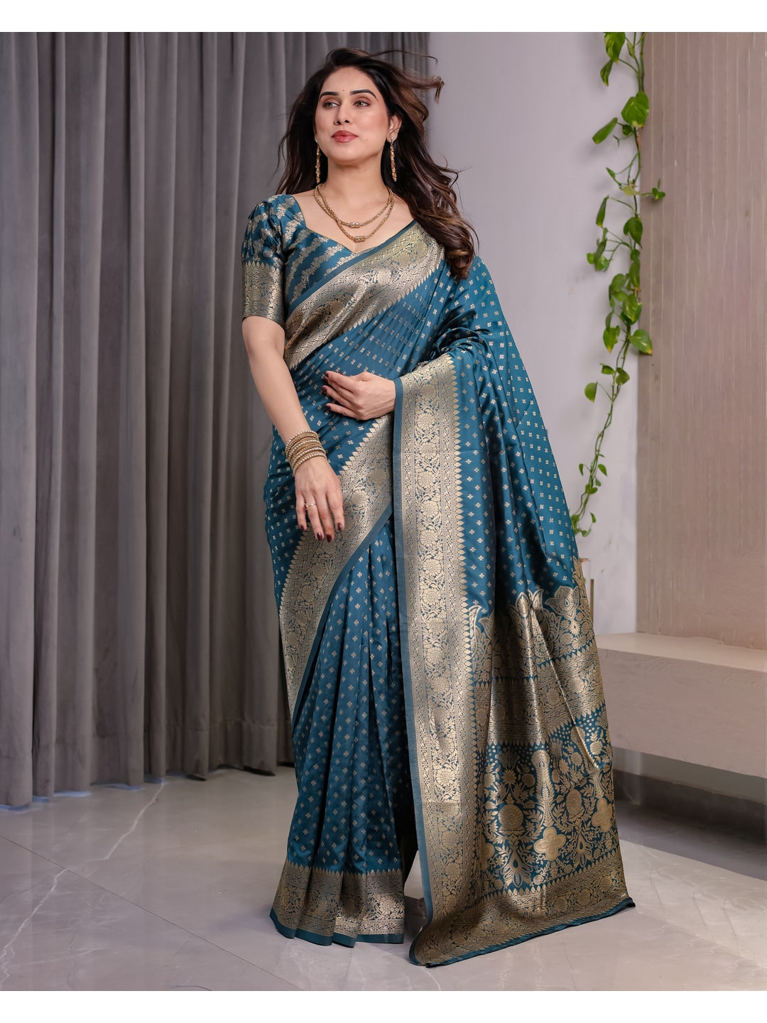 Rama Blue Soft Lichi Silk Saree with Zari Woven Border - Image 3