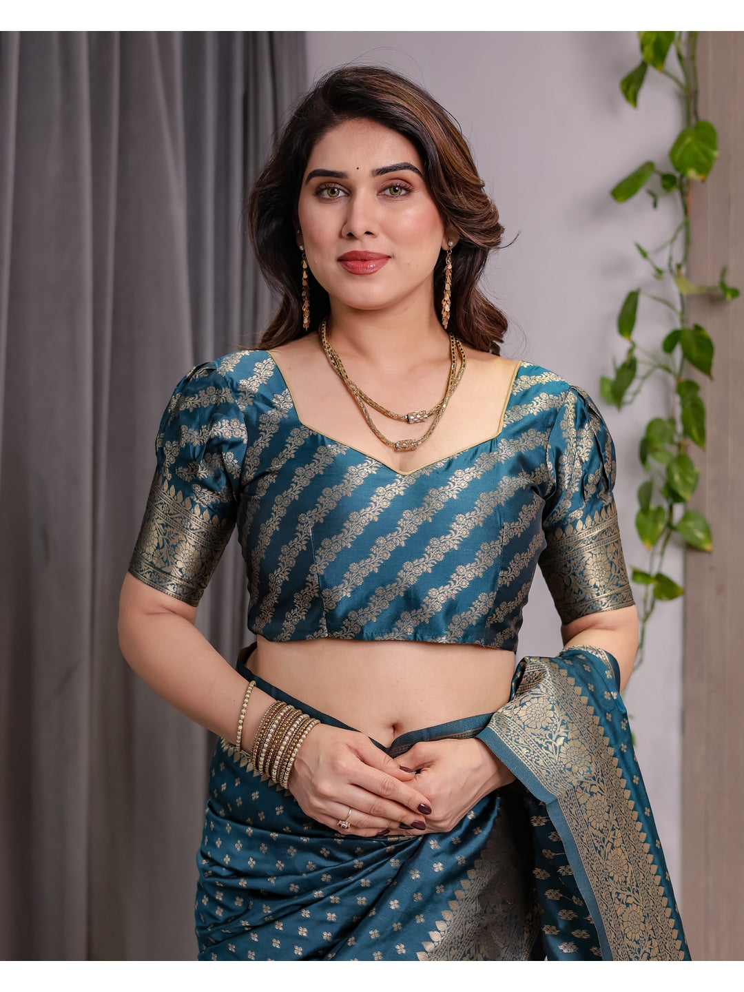 Rama Blue Soft Lichi Silk Saree with Zari Woven Border - Image 5