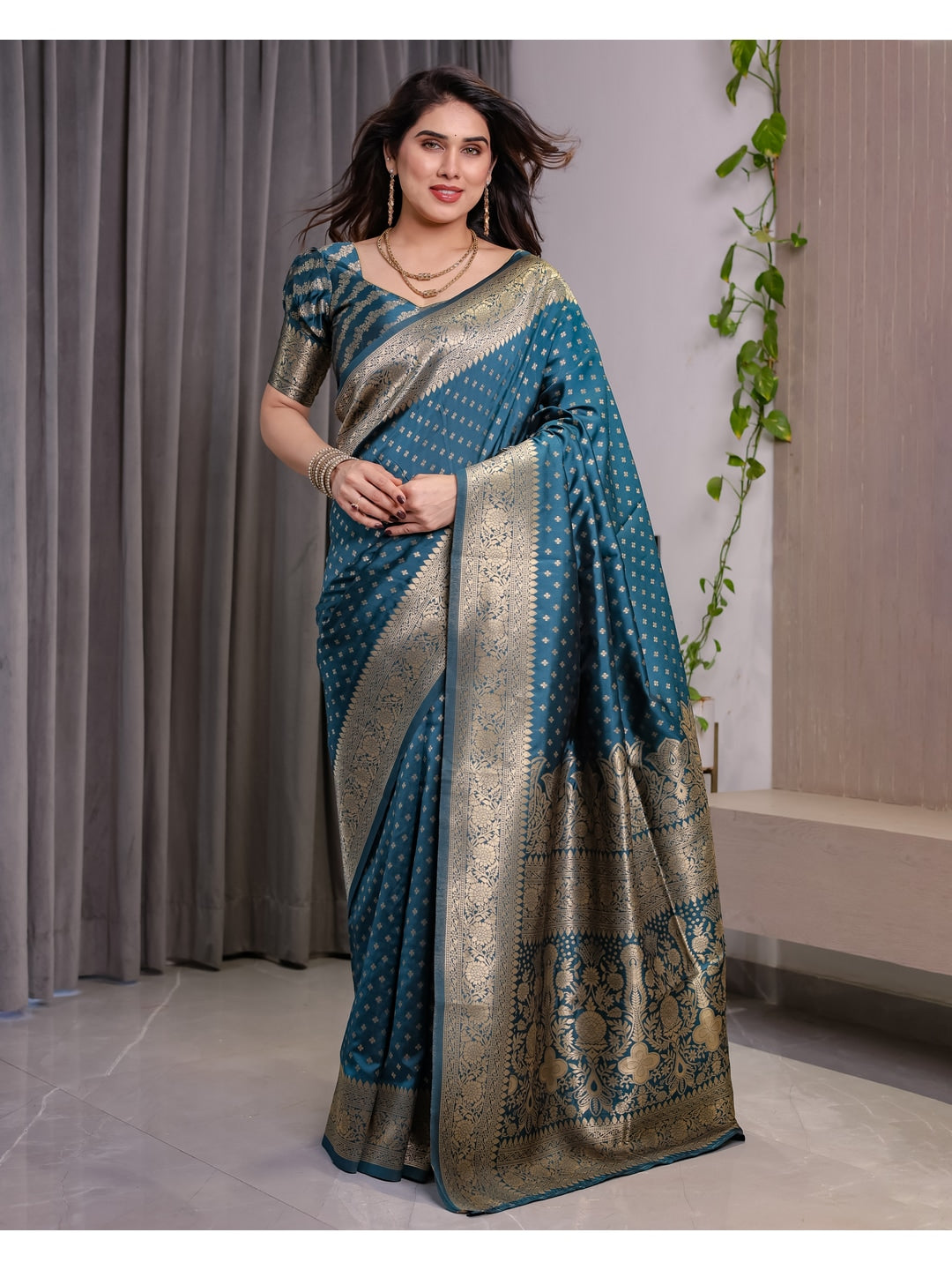 Rama Blue Soft Lichi Silk Saree with Zari Woven Border - Image 6