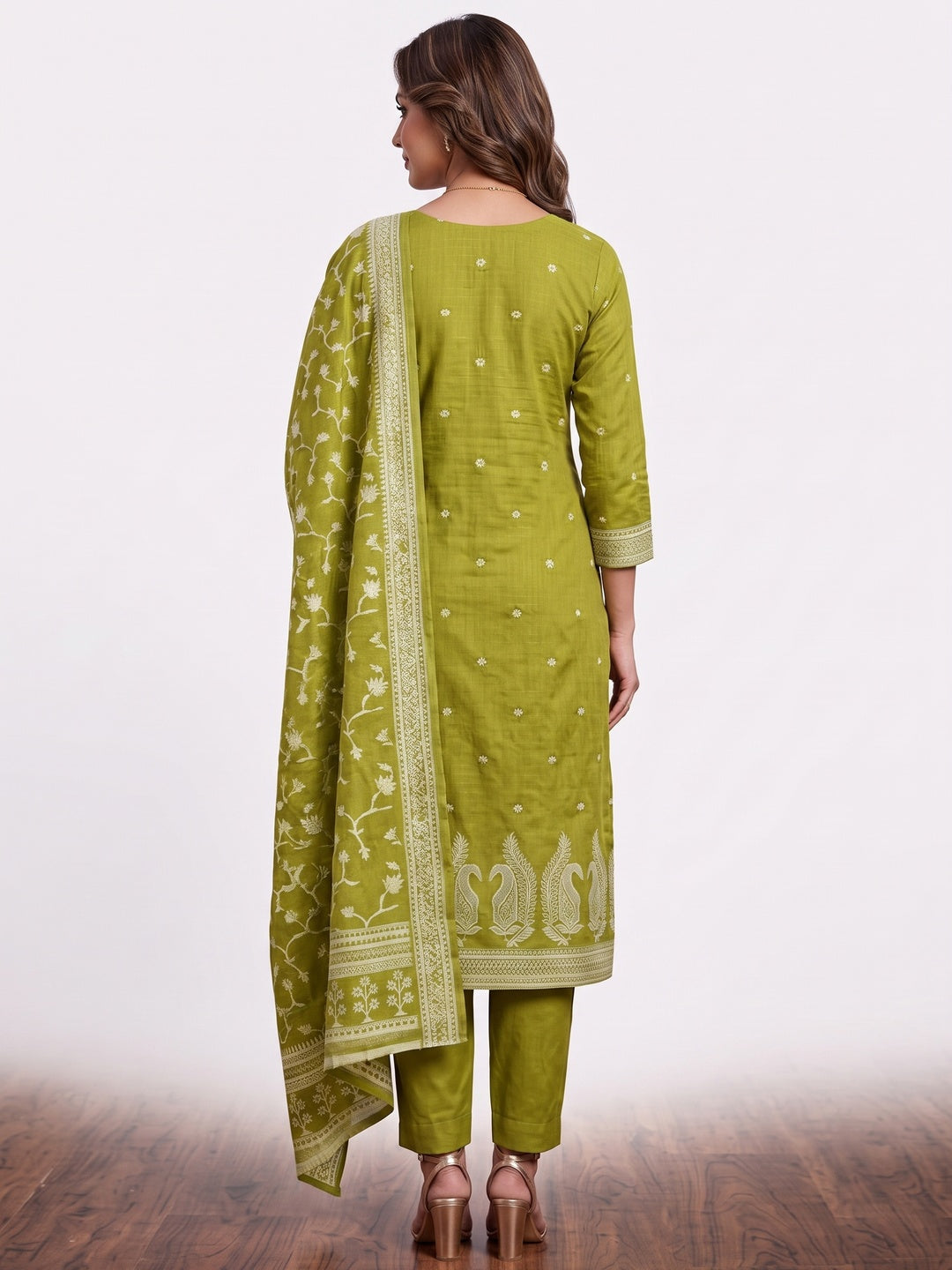 Peachmode Olive Cotton Dress Material with Ethnic Motifs - Image 3