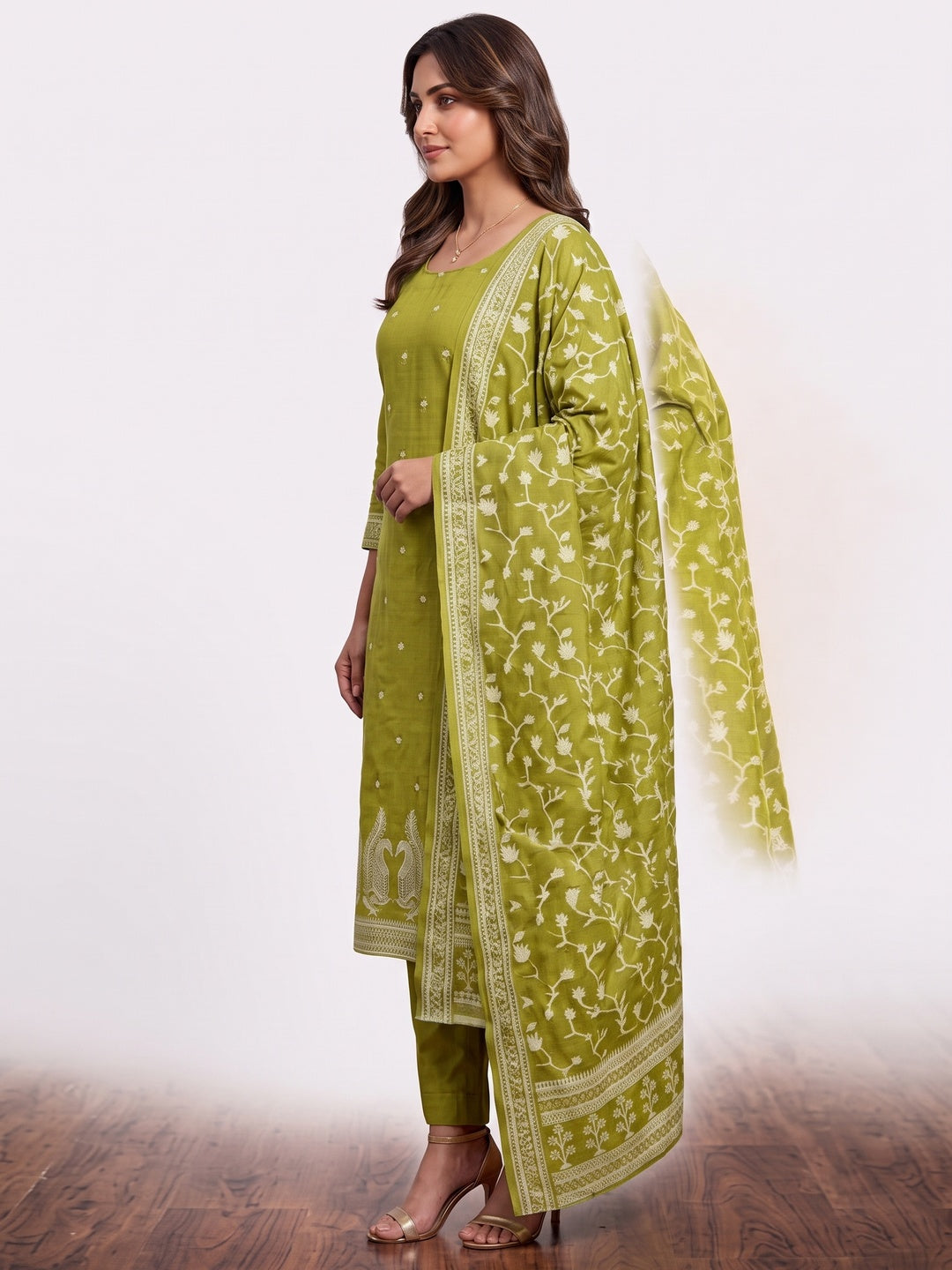 Peachmode Olive Cotton Dress Material with Ethnic Motifs - Image 4