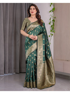 Green Soft Lichi Silk Saree with Zari Woven Border - Image 2