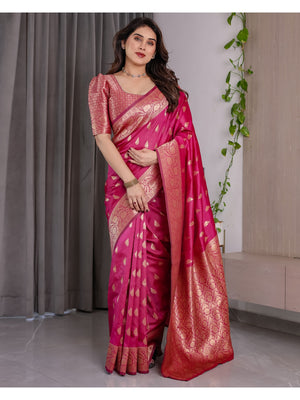 Pink Soft Lichi Silk Saree with Zari Woven Border - Image 2