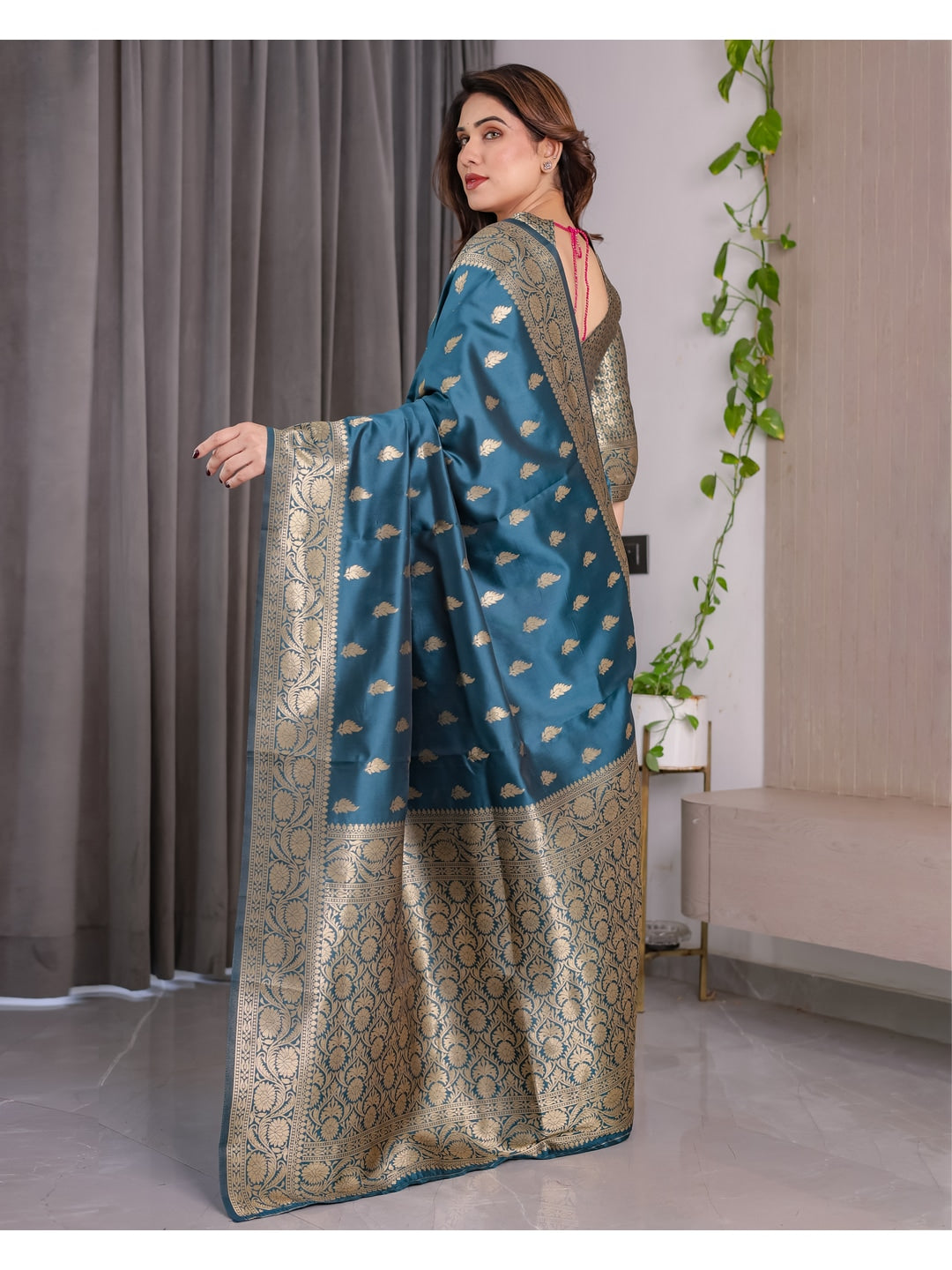 Rama Blue Soft Lichi Silk Saree with Zari Woven Border - Image 4