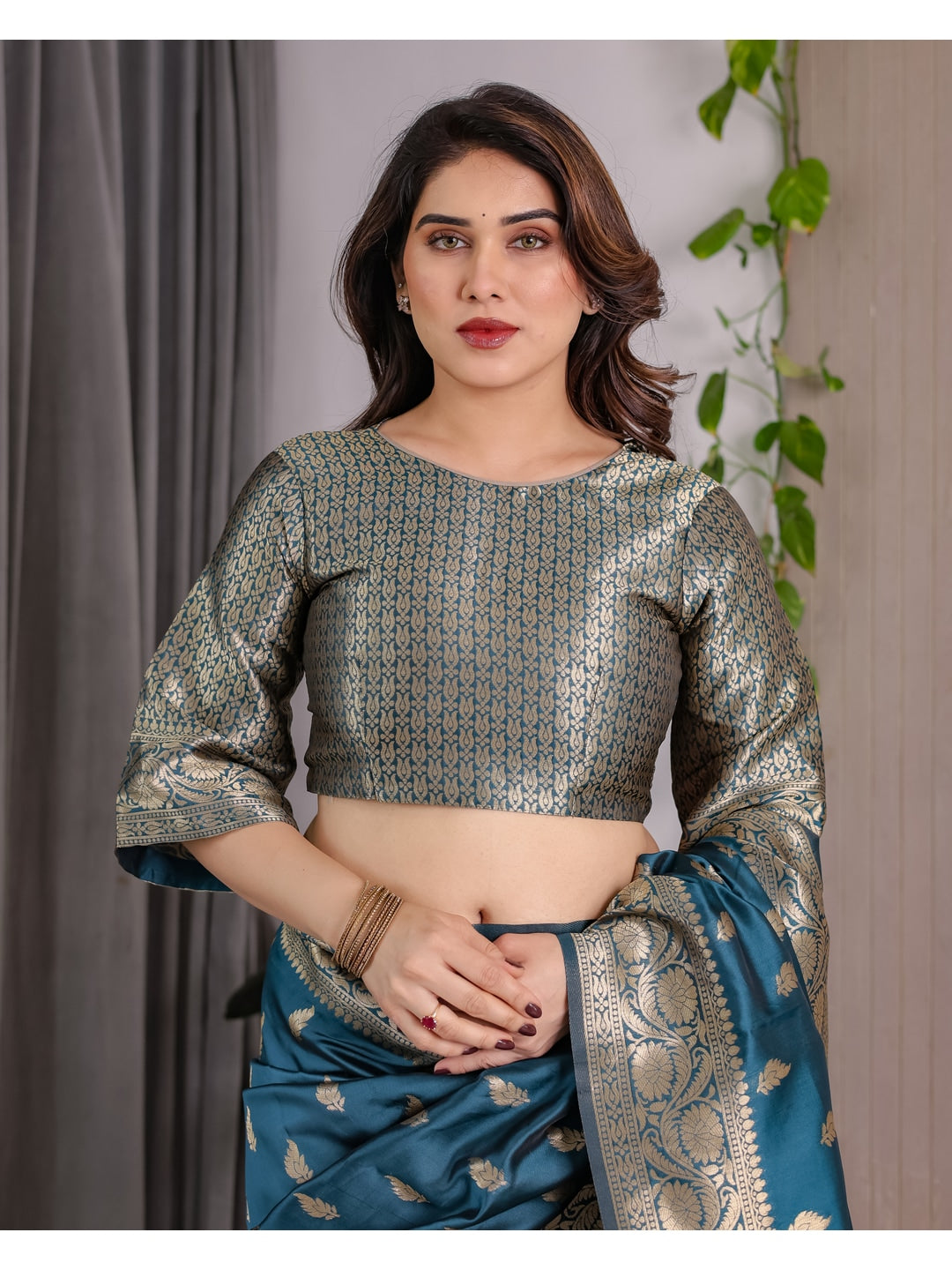 Rama Blue Soft Lichi Silk Saree with Zari Woven Border - Image 5