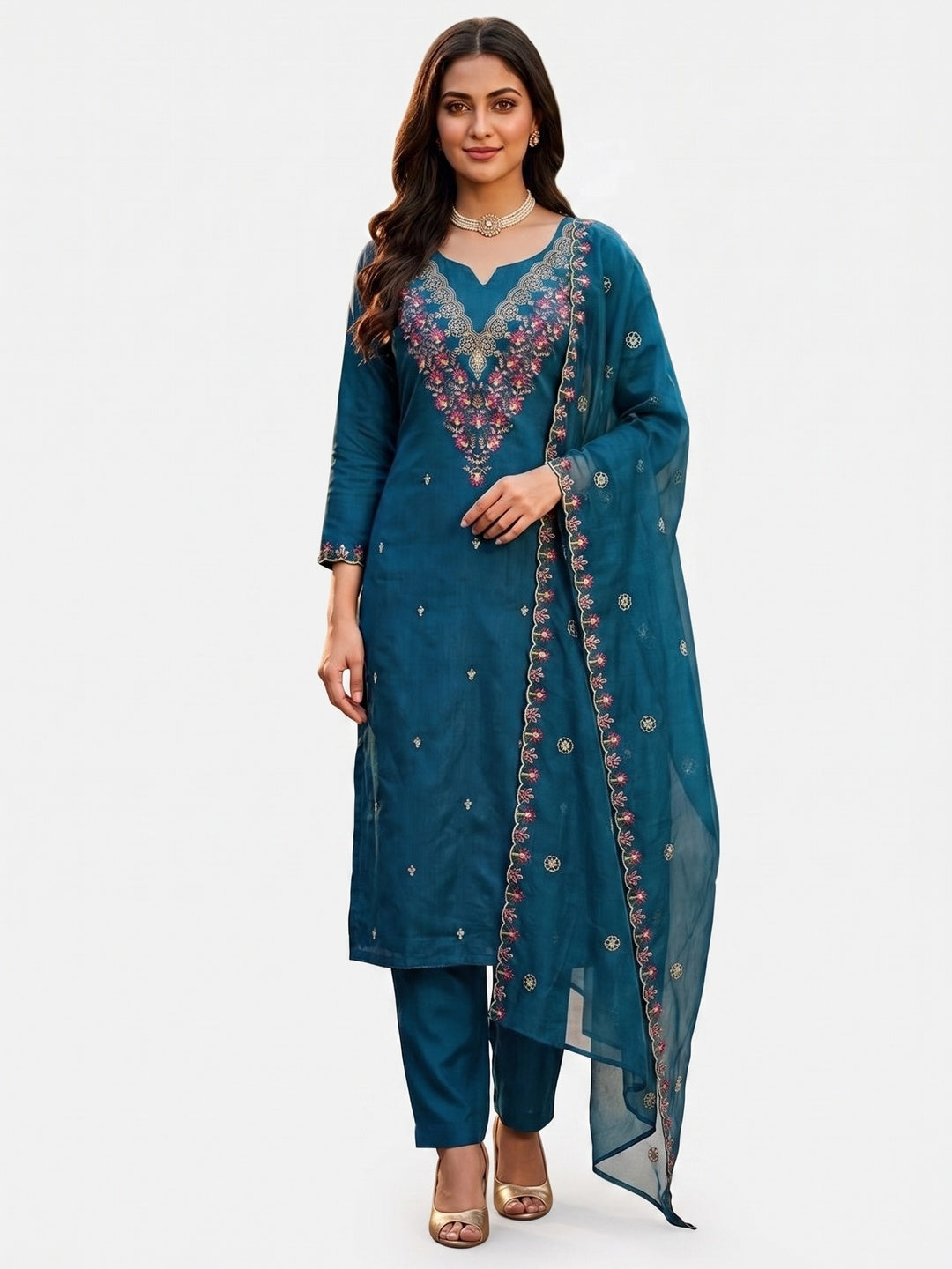 Peachmode Blue Art Silk Dress Material with Floral Embroidery - Image 3