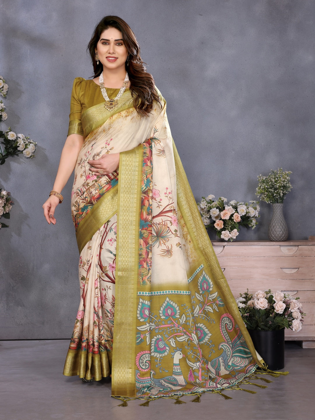 Olive Soft Aura Cotton Silk Digital Print Saree with Zari Border - Image 1