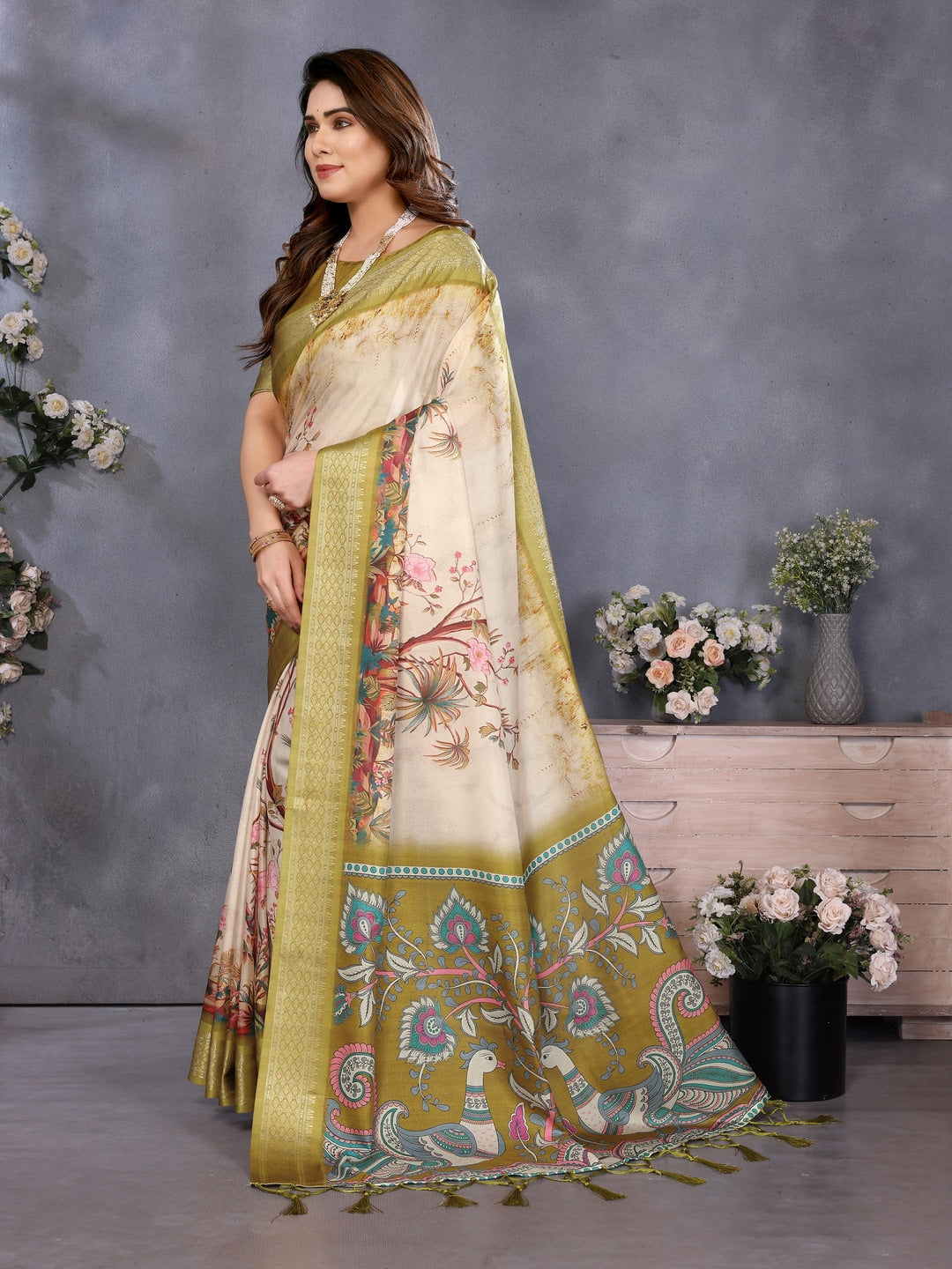 Olive Soft Aura Cotton Silk Digital Print Saree with Zari Border - Image 2