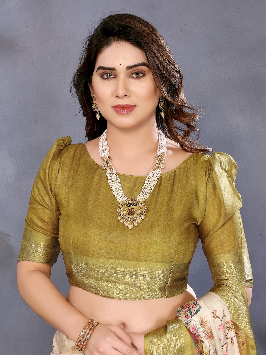 Olive Soft Aura Cotton Silk Digital Print Saree with Zari Border - Image 5