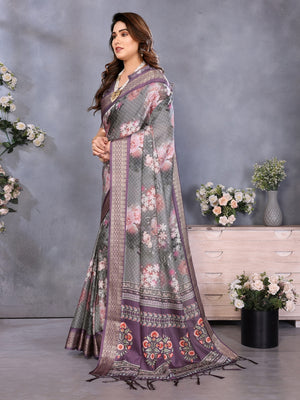 Wine Soft Aura Cotton Silk Digital Print Saree with Zari Border - Image 2