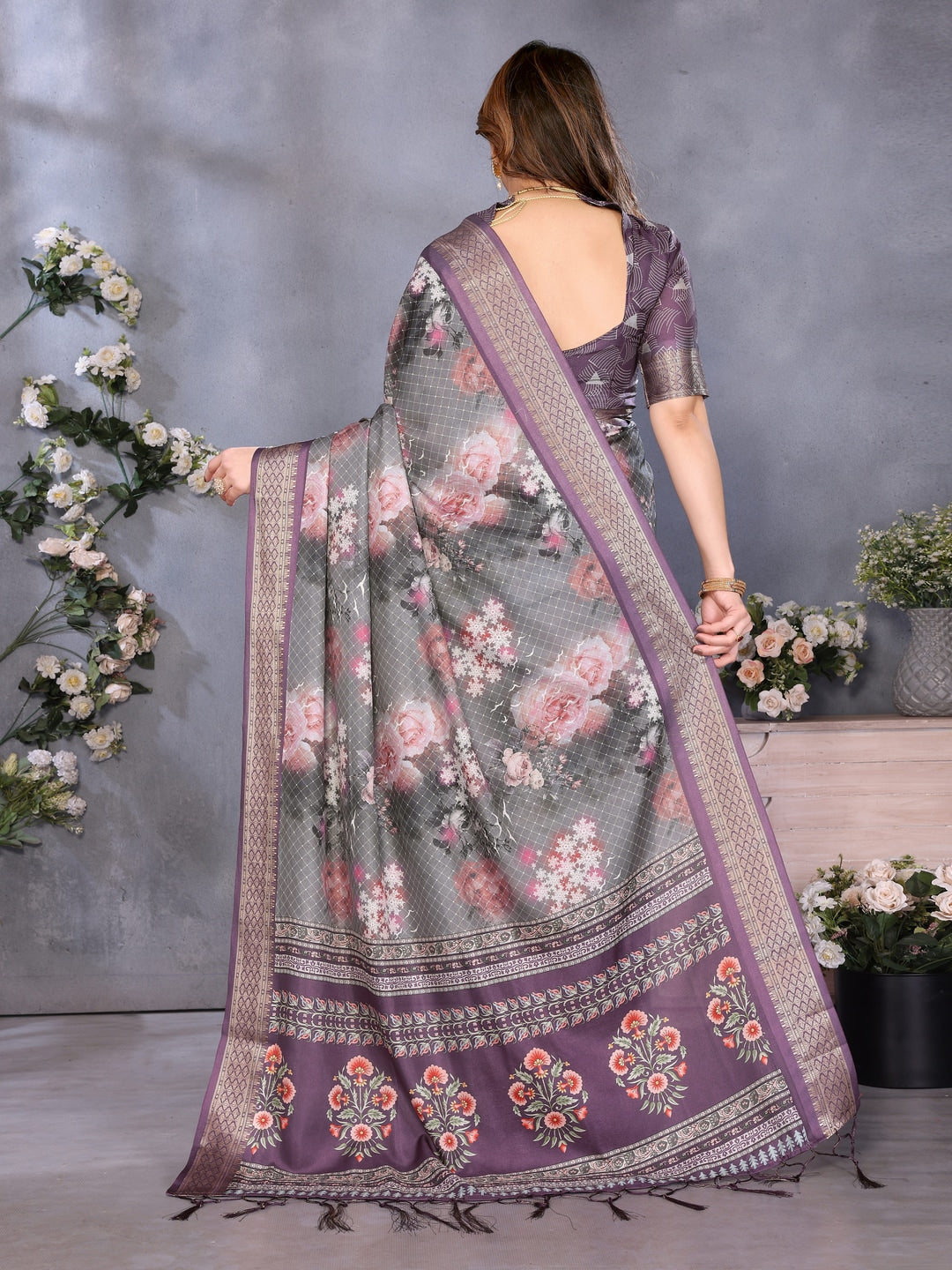 Wine Soft Aura Cotton Silk Digital Print Saree with Zari Border - Image 3