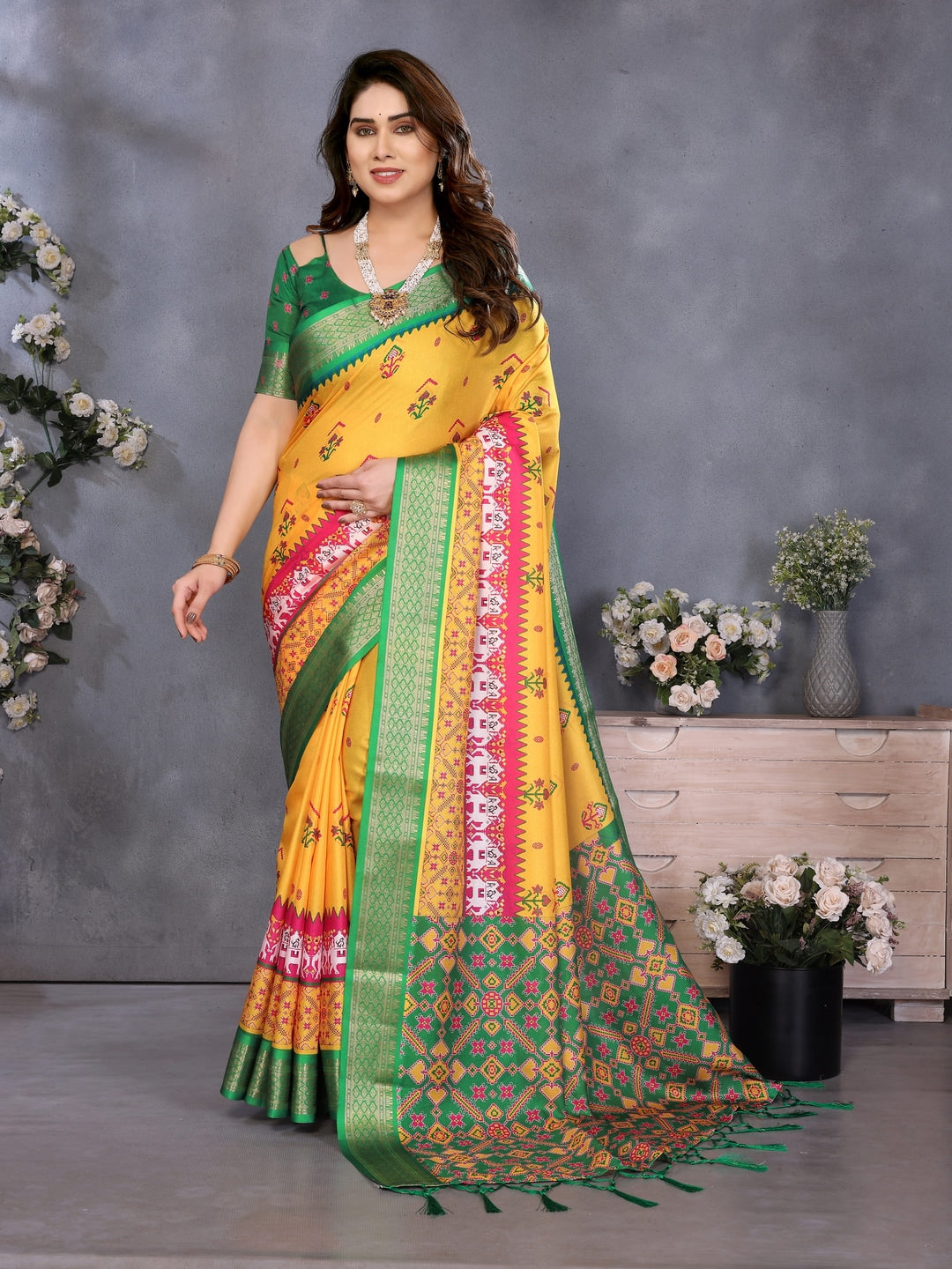 Yellow Soft Aura Cotton Silk Digital Print Saree with Zari Border - Image 1