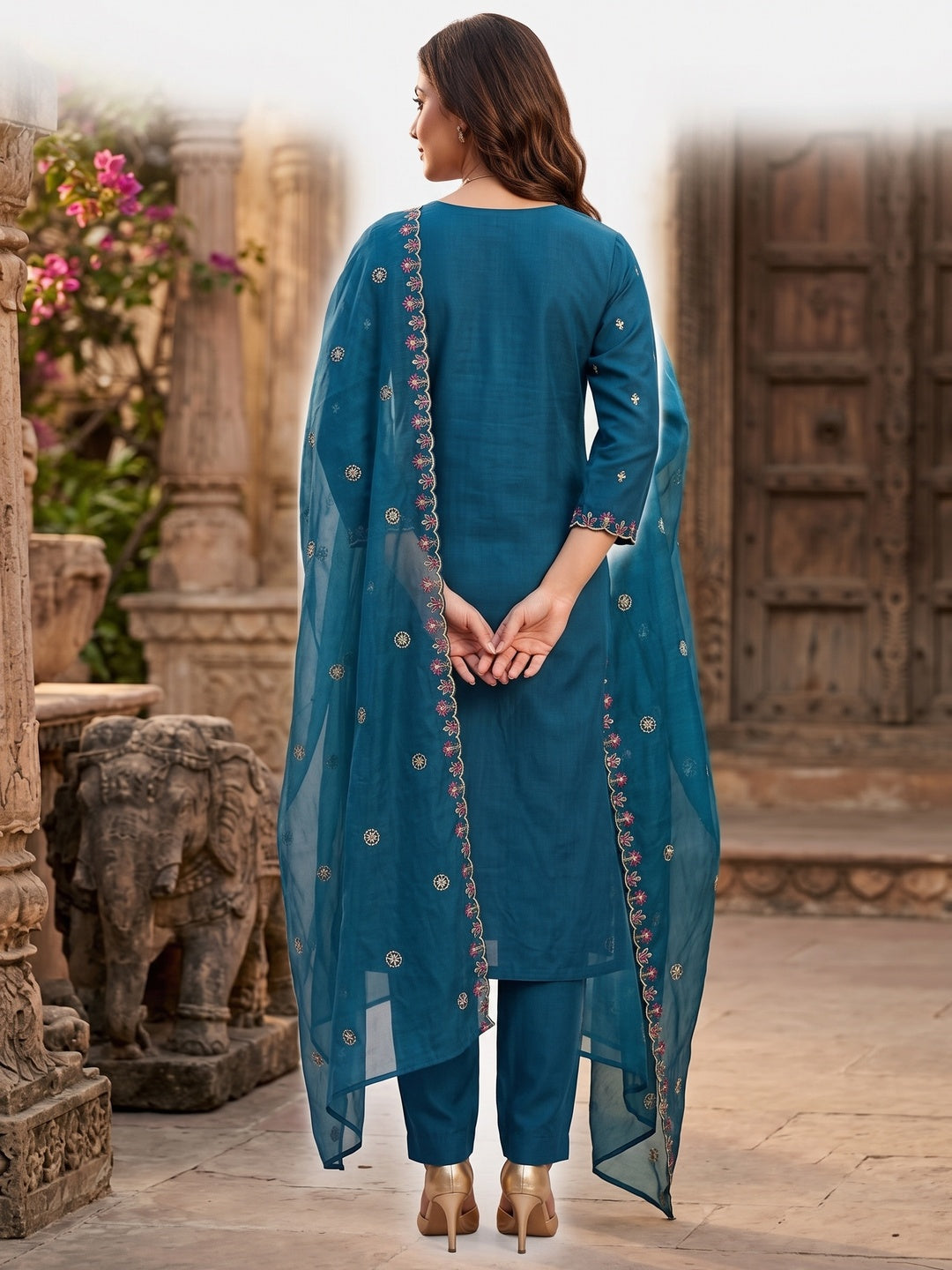Peachmode Blue Art Silk Dress Material with Floral Embroidery - Image 4