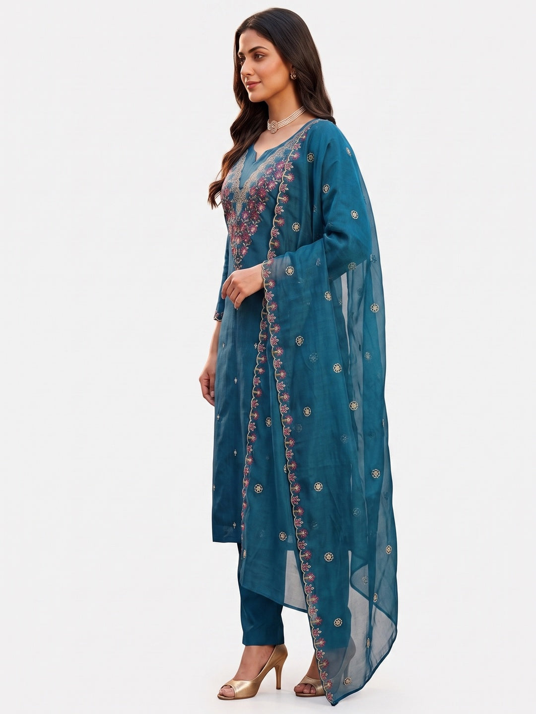 Peachmode Blue Art Silk Dress Material with Floral Embroidery - Image 5