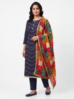Navy Blue Cotton Blend Dress Material With Intricate Thread Embroidery & Paper Mirror Work - Image 1