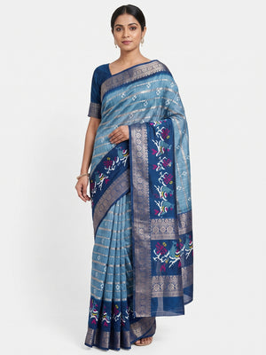 Blue Ikkat Printed Dola Silk Saree With Elegant Weaving Work - Image 1