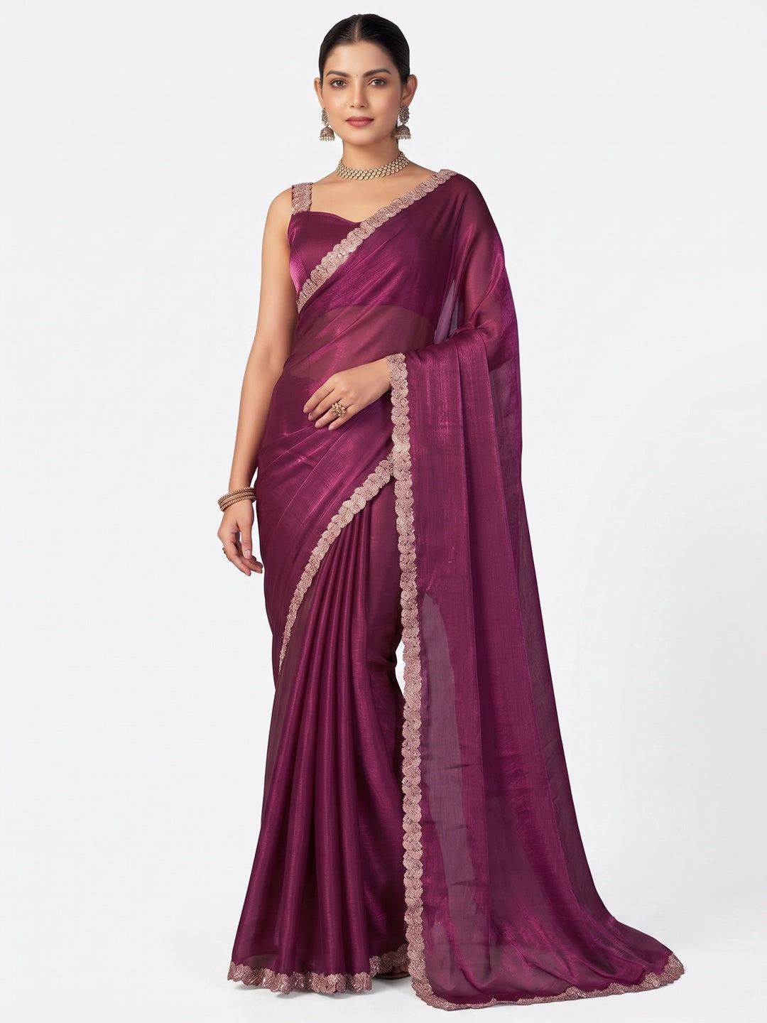 Elegant Magenta Satin Saree with Embellished Border Stylish Evening Wear - Image 1
