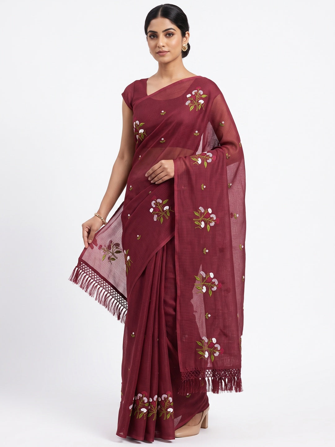 Maroon Floral Embroidered Kota Doria Saree With Tassels - Image 1