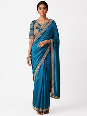 Teal Satin Saree with Embroidered Blouse Elegant Indian Attire - Image 1