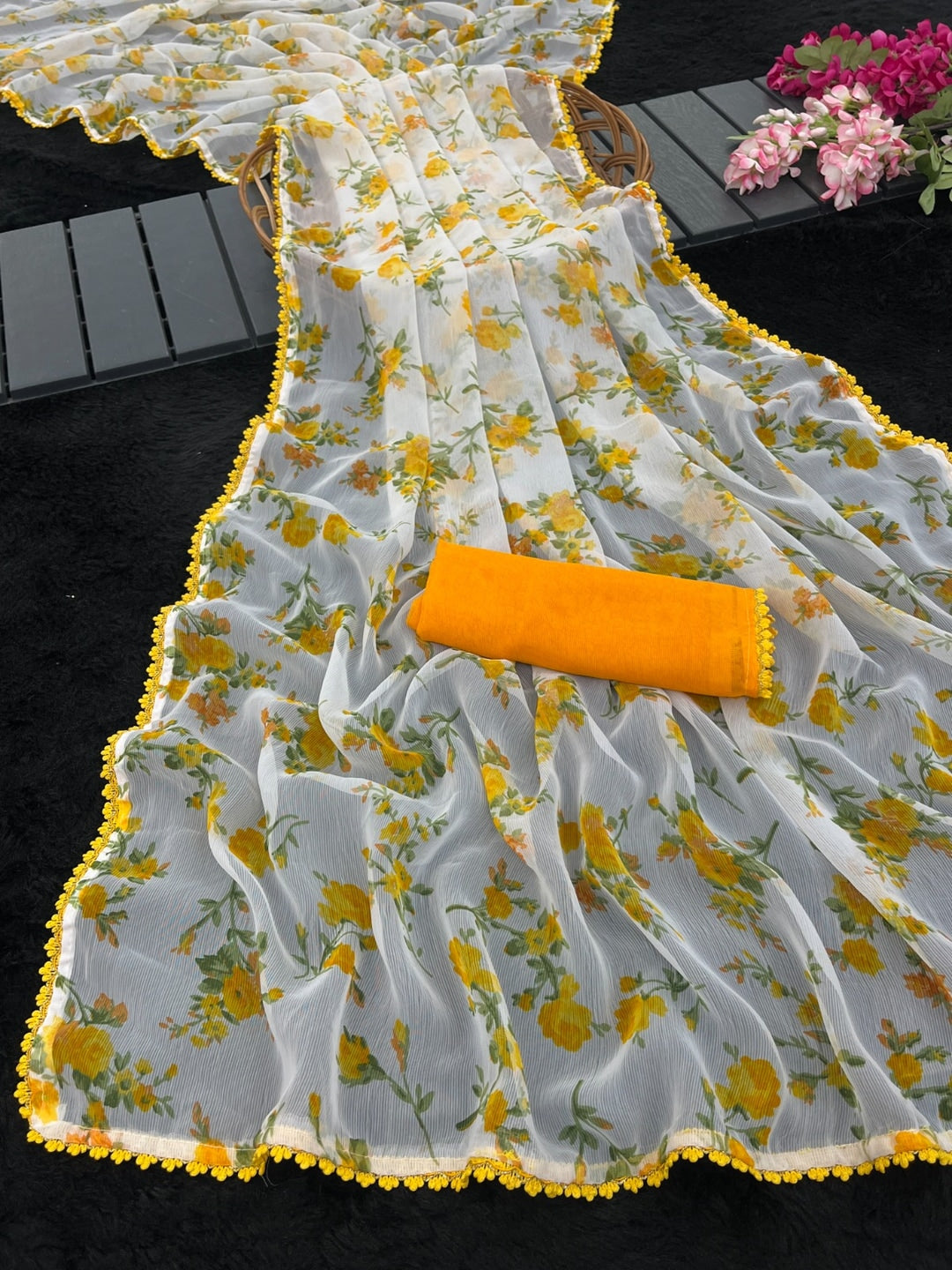 Yellow Heavy Chiffon Daily Wear Saree with Fancy Lace Border - Image 4