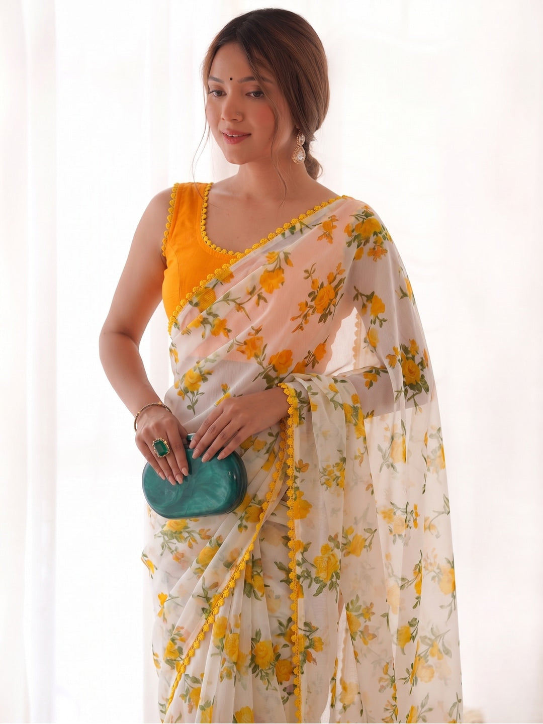 Yellow Heavy Chiffon Daily Wear Saree with Fancy Lace Border - Image 5