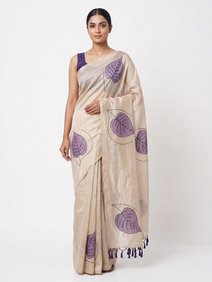 Beige & Violet Saree in Art Silk Featuring Leafy Print & Tassels - Image 1
