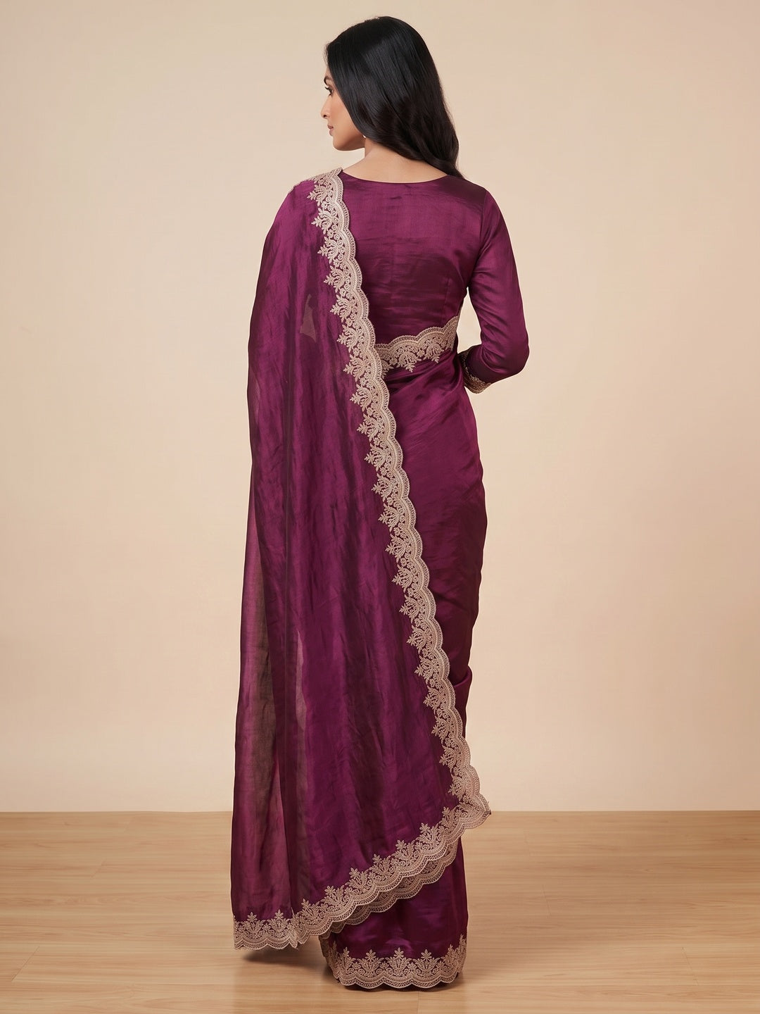 Peachmode Wine Fendi Satin Embroidered Saree - Image 5
