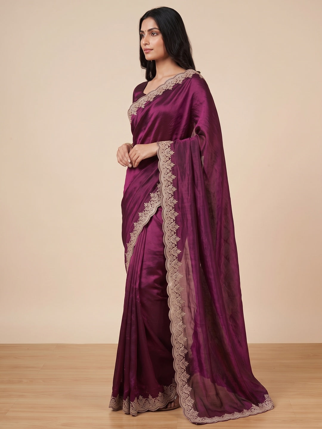 Peachmode Wine Fendi Satin Embroidered Saree - Image 6