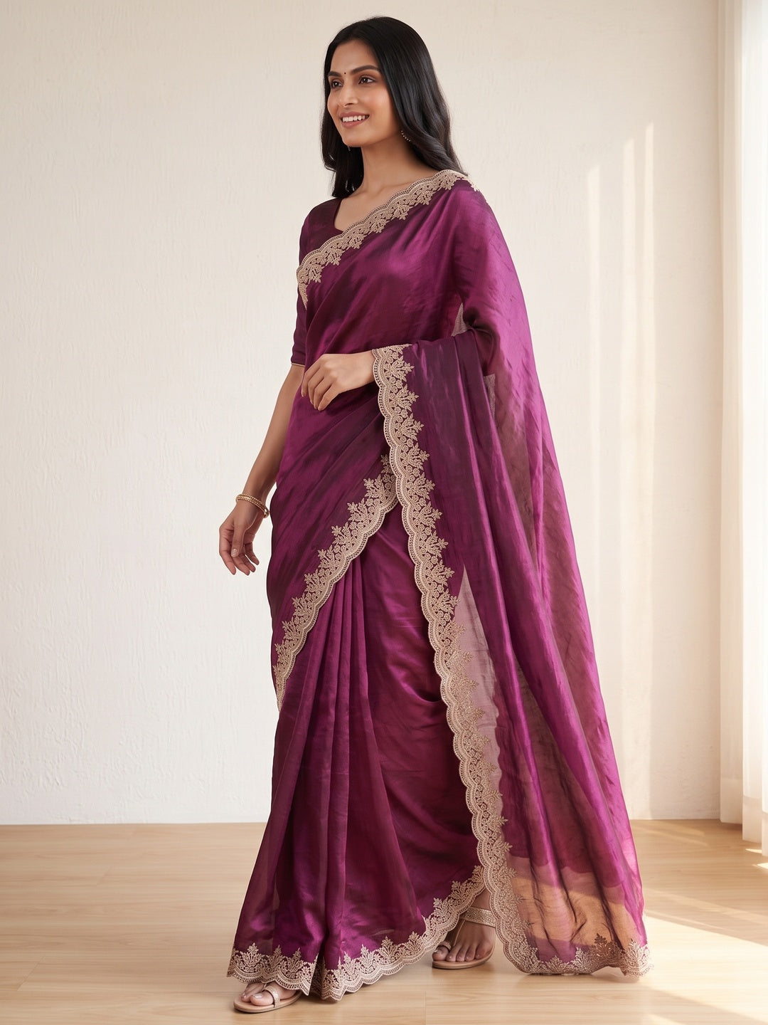 Peachmode Wine Fendi Satin Embroidered Saree - Image 7