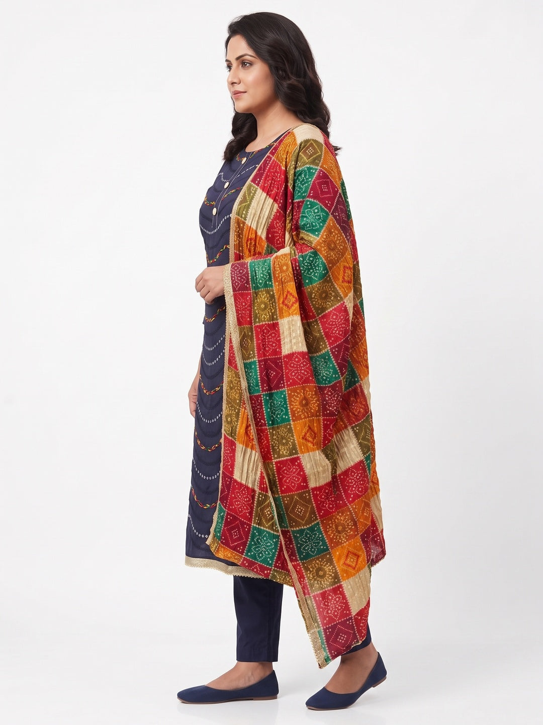 Navy Blue Cotton Blend Dress Material With Intricate Thread Embroidery & Paper Mirror Work - Image 3