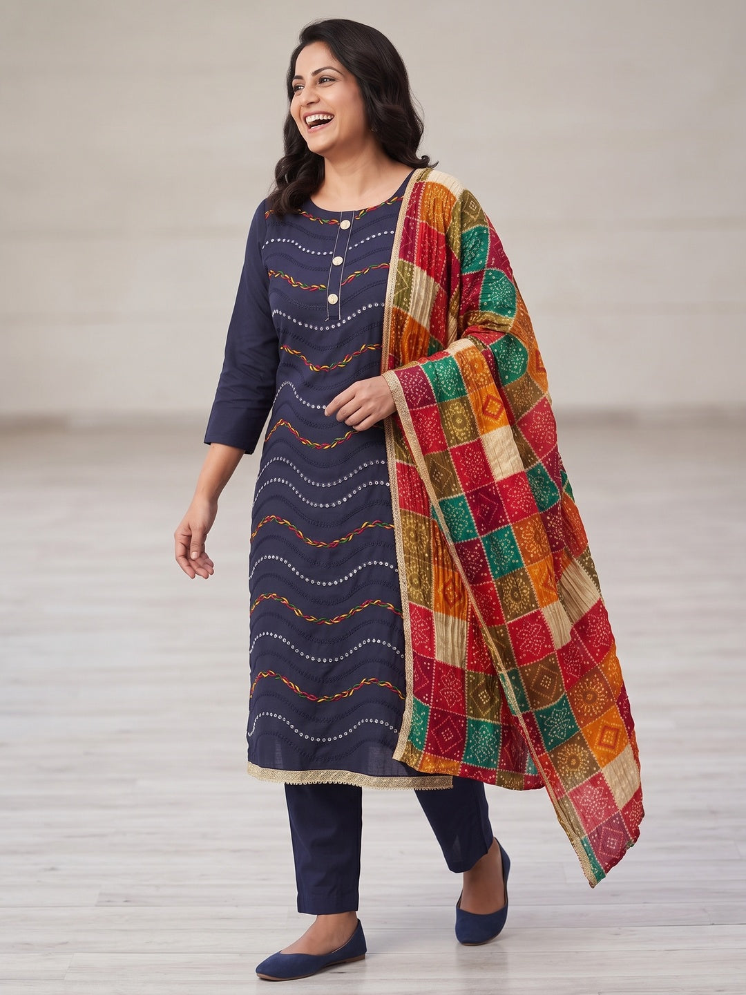 Navy Blue Cotton Blend Dress Material With Intricate Thread Embroidery & Paper Mirror Work - Image 4