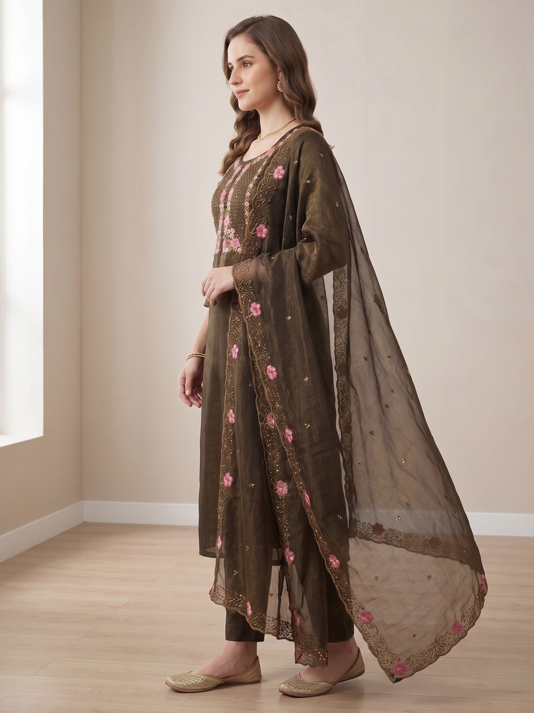 Deep Olive Shimmer Dress Material with Floral Embroidery and Dupatta - Image 3