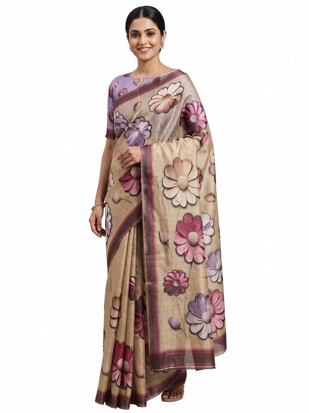 Elegant Chikoo Floral Digital Print Art Silk Saree For Timeless Charm - Image 5