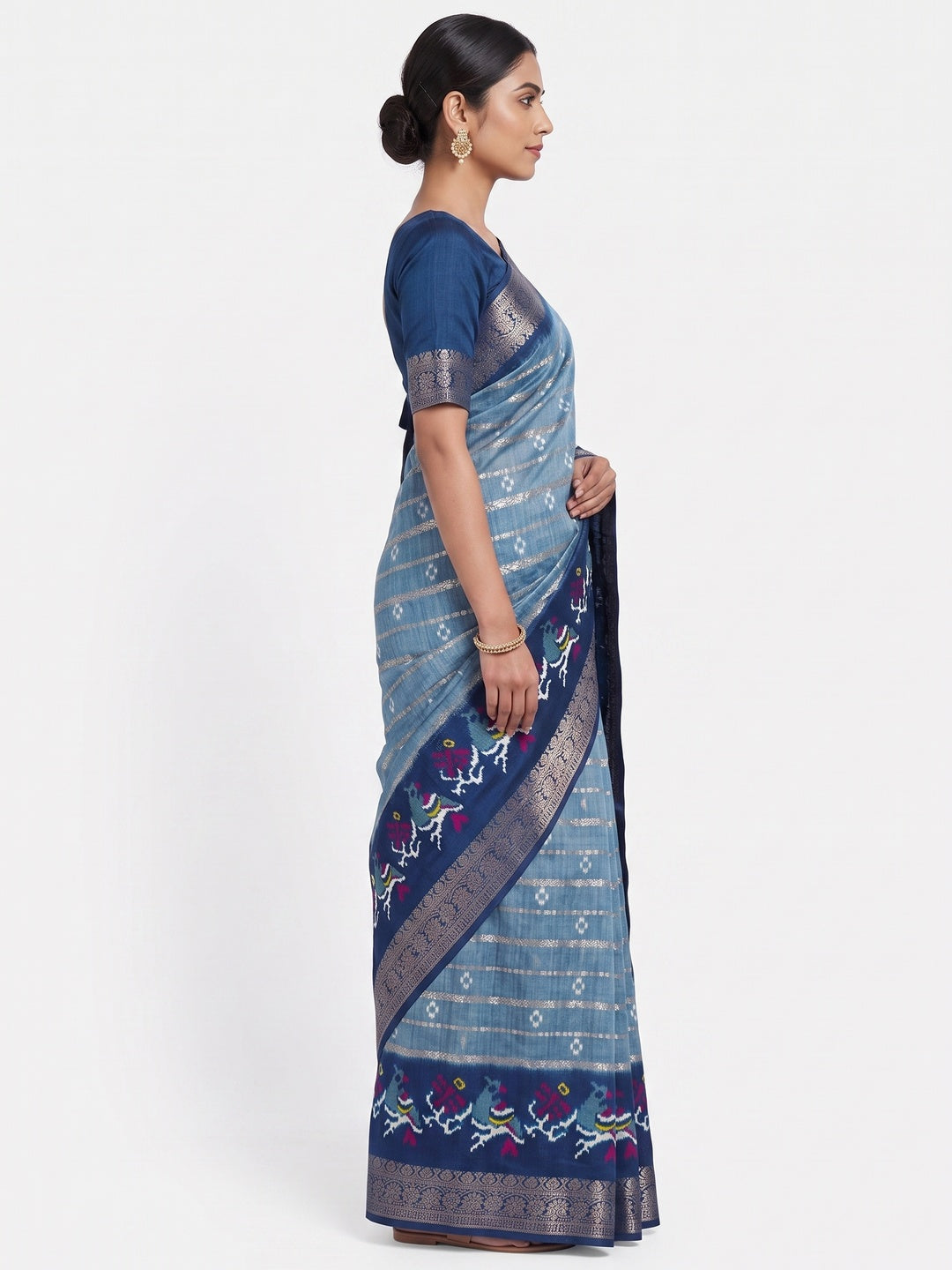 Blue Ikkat Printed Dola Silk Saree With Elegant Weaving Work - Image 3