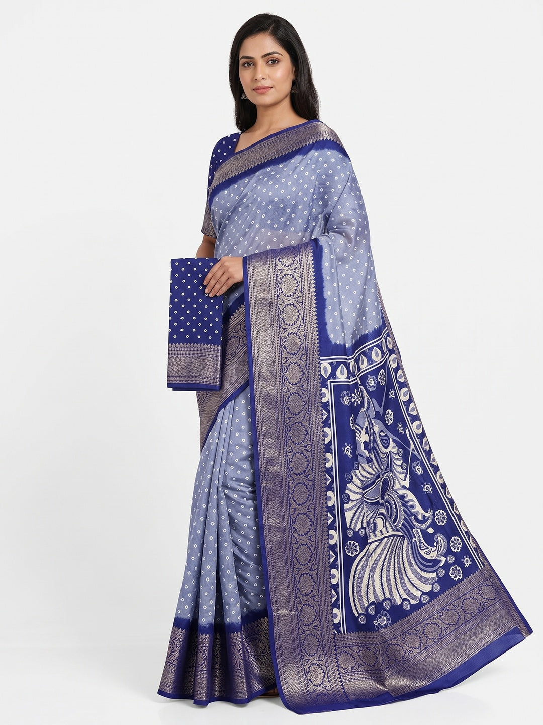 Blue Bandhani Design Dola Silk Saree with Classic Zari Detailing - Image 1