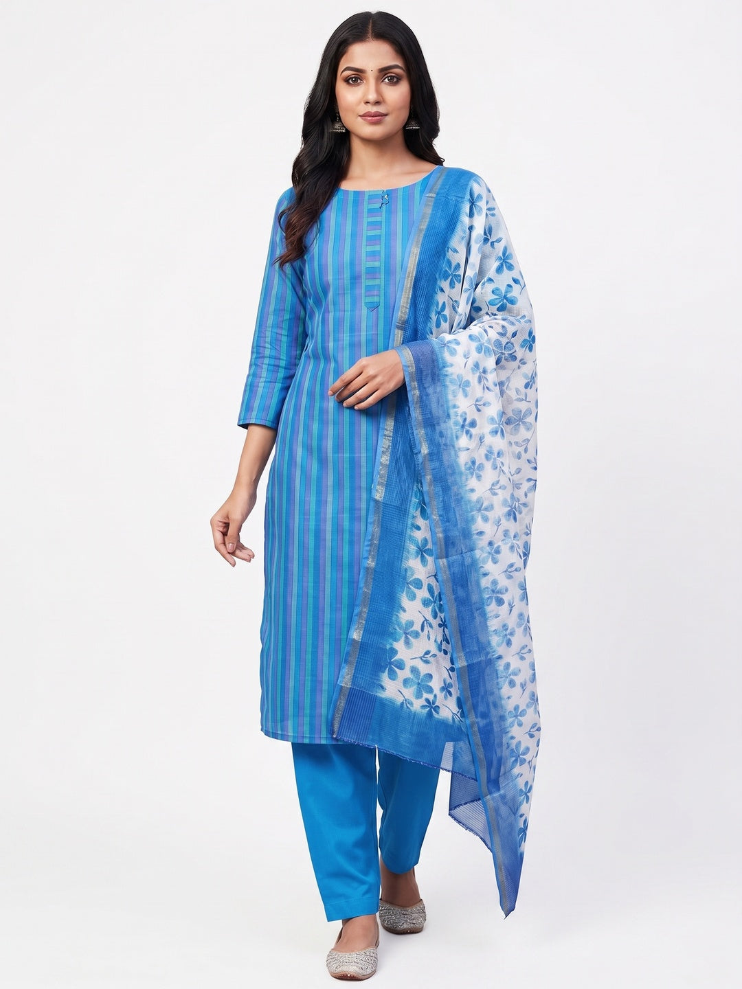 Peachmode Blue Cotton Dress Material with Striped - Image 1