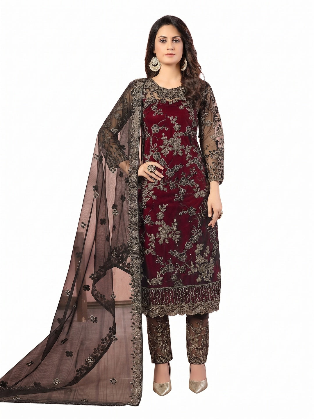 Maroon Floral Embroidered Net Semi Stitched Suit - Image 1