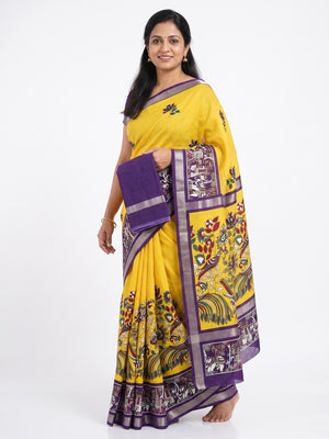 Yellow Kalamkari Printed Pure Mulmul Cotton Saree - Image 2