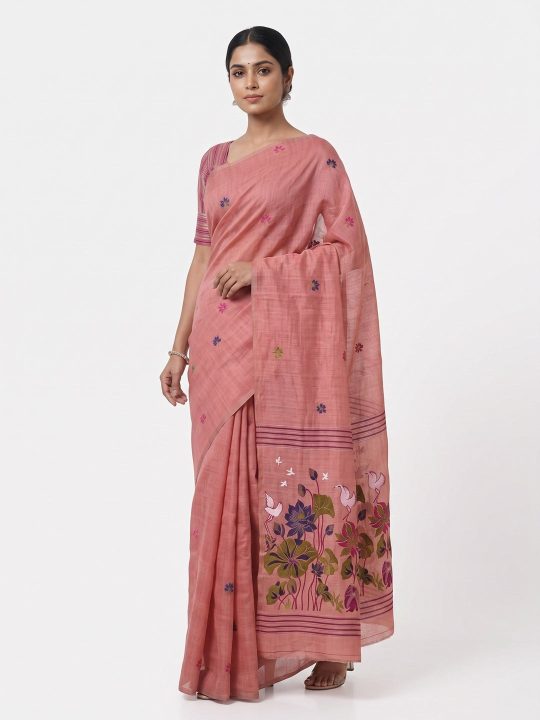 Peachmode Pink Linen Jamdani Saree for Traditional Wear - Image 4