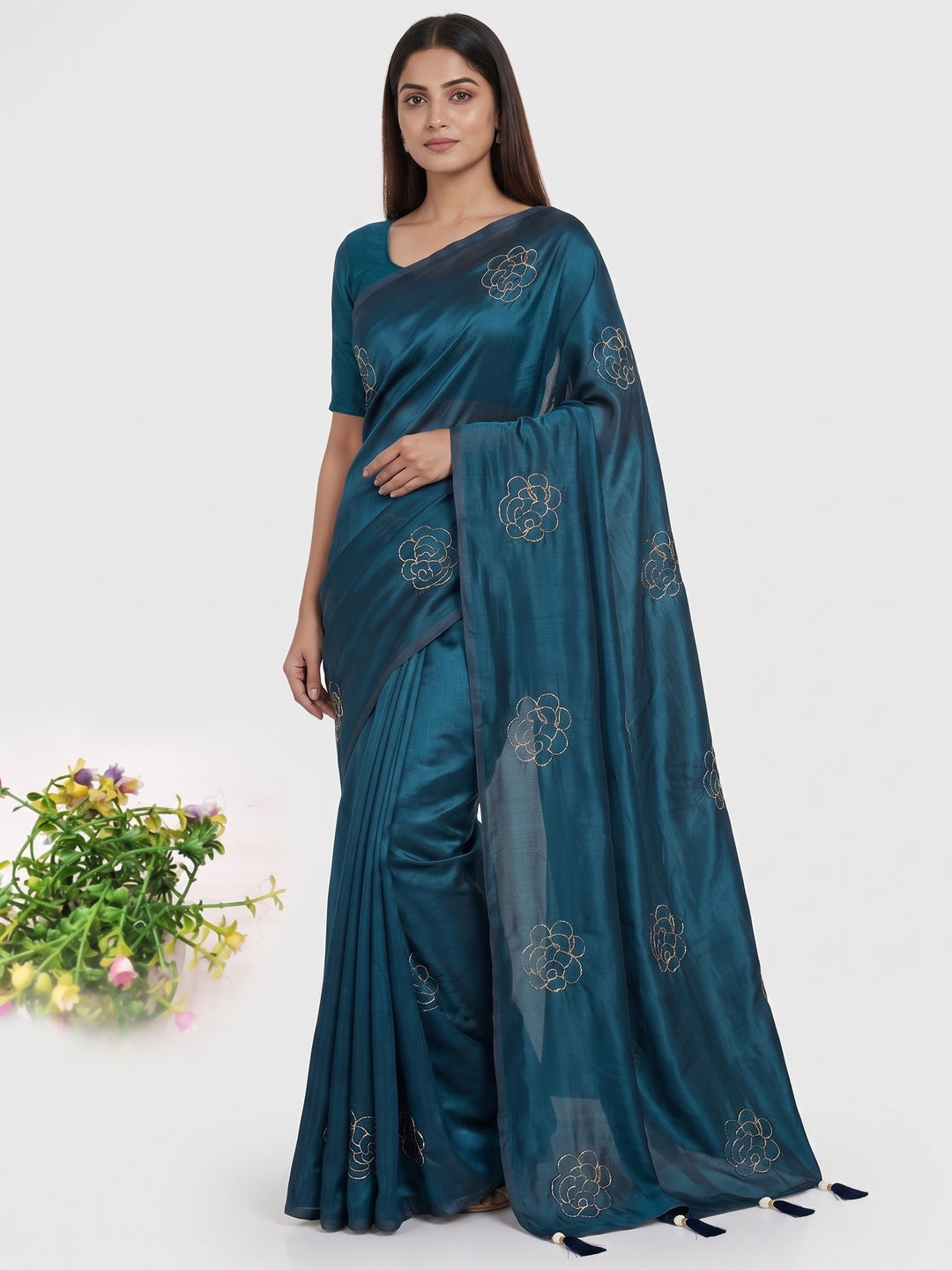 Peachmode Blue Satin Floral Embroidered Saree - Image 4