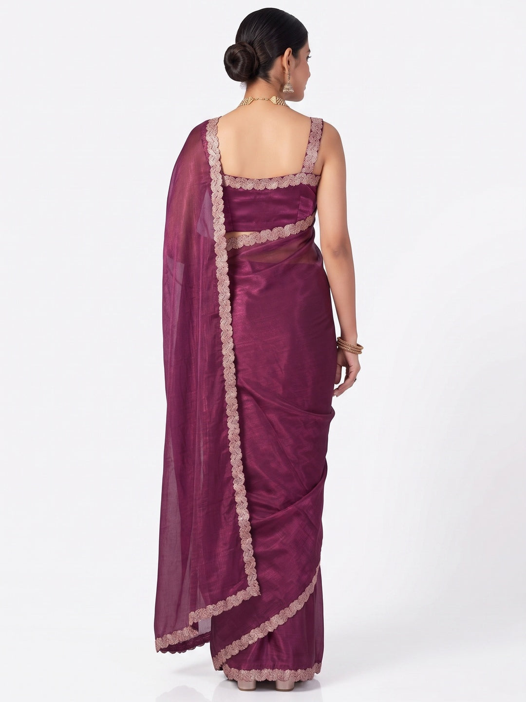 Elegant Magenta Satin Saree with Embellished Border Stylish Evening Wear - Image 2
