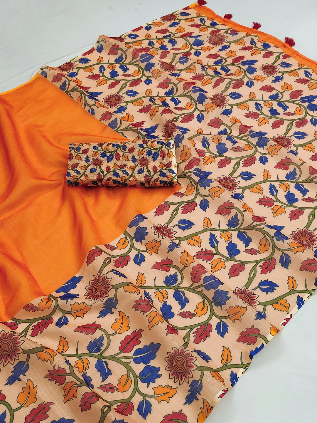 Orange Soft Linen Cotton Printed Saree - Image 4