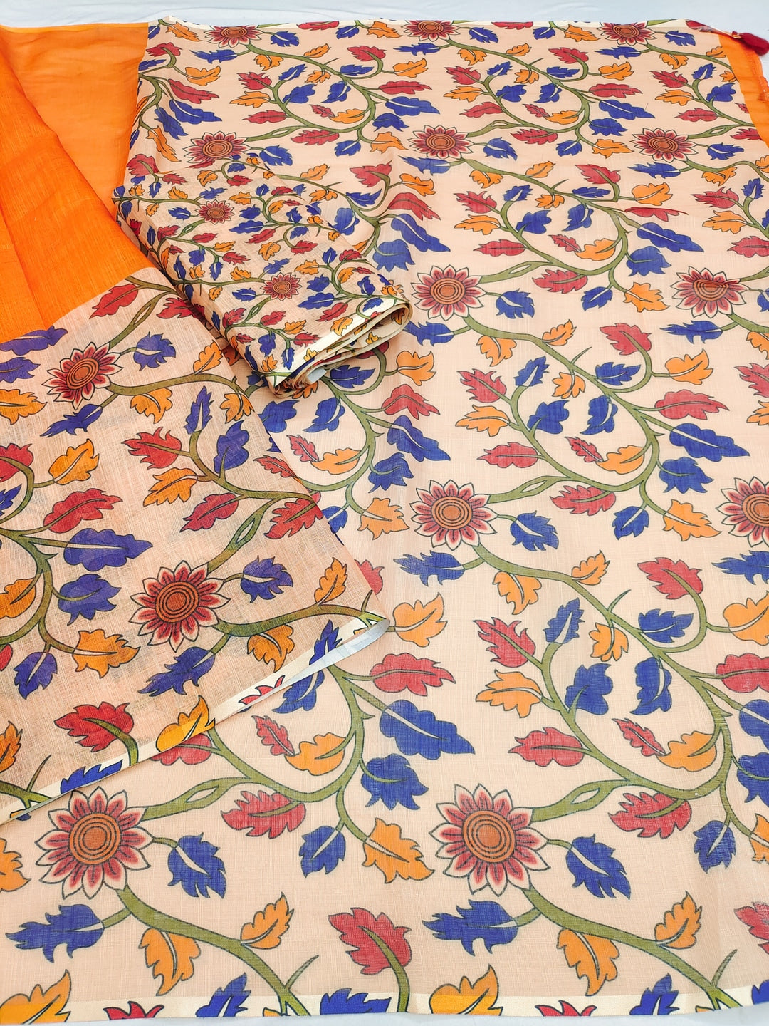Orange Soft Linen Cotton Printed Saree - Image 5