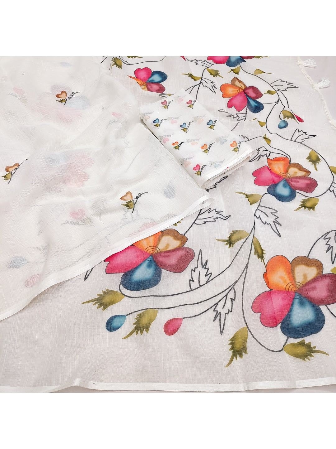 White Soft Linen Cotton Printed Saree - Image 3
